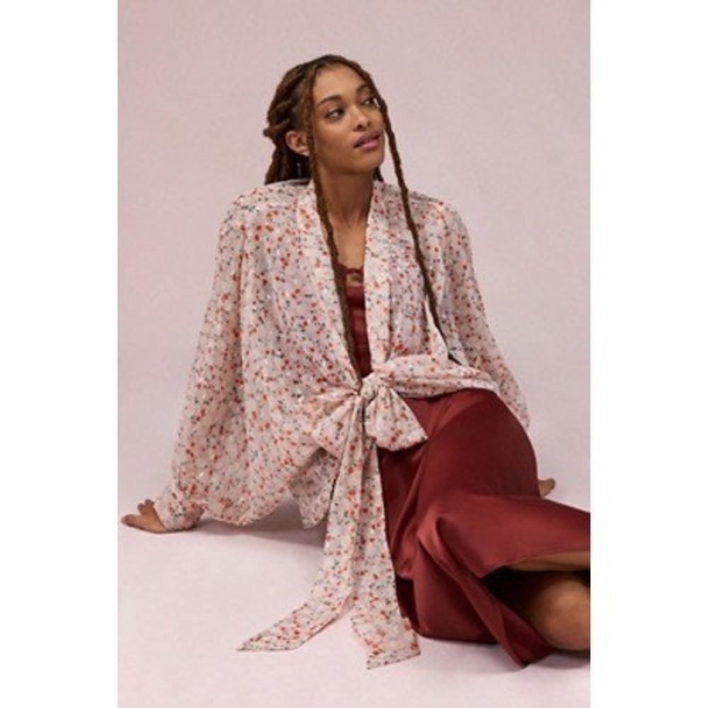 Pilcro Anthropologie Tie Front Kimono Wrap Top Size OS Pink Floral Metallic Boho